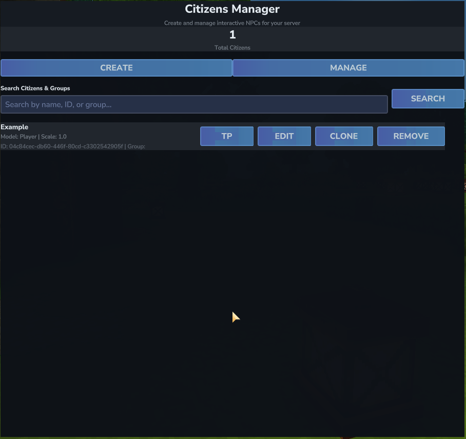 The Manage tab showing group folders and individual citizen entries, each with TP, Edit, Clone, and Remove buttons