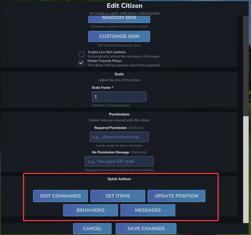 The Edit Citizen screen showing the Quick Actions section with the five buttons
